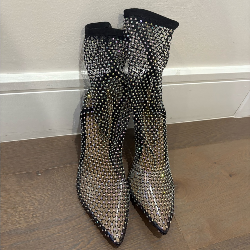Women's Black Rhinestone Mesh Sock Boots